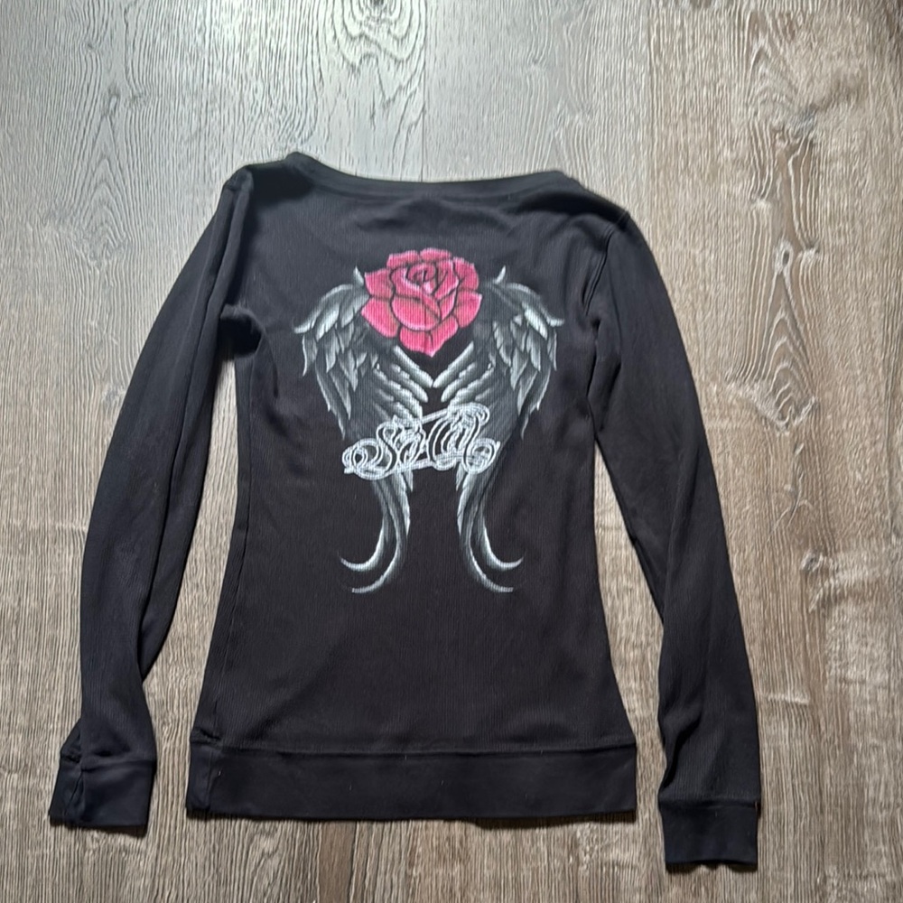 Black Long Sleeve Top with Pink Rose Design